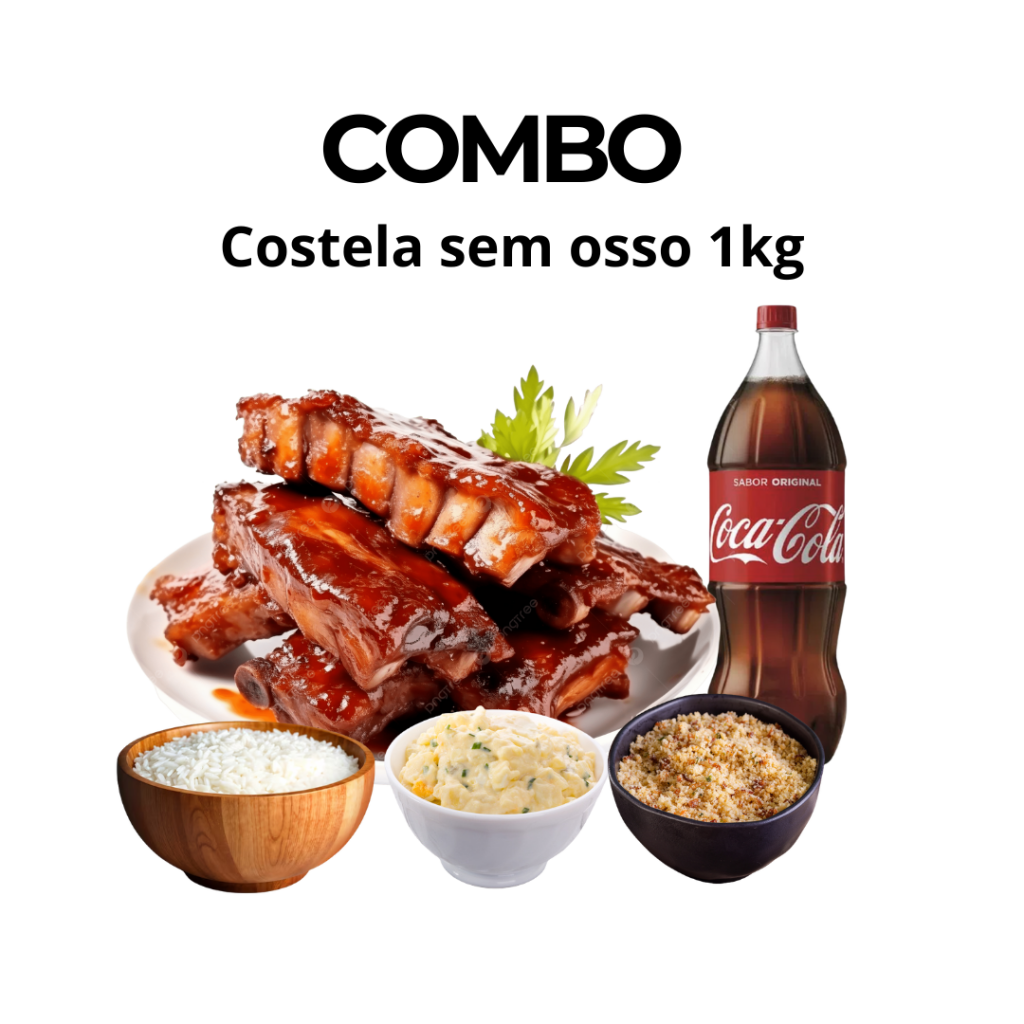 Combo 09 Costela sem Osso 1kg + Arroz 500g + Maionese 500g + Farofa 100g + Coca-Cola 2L